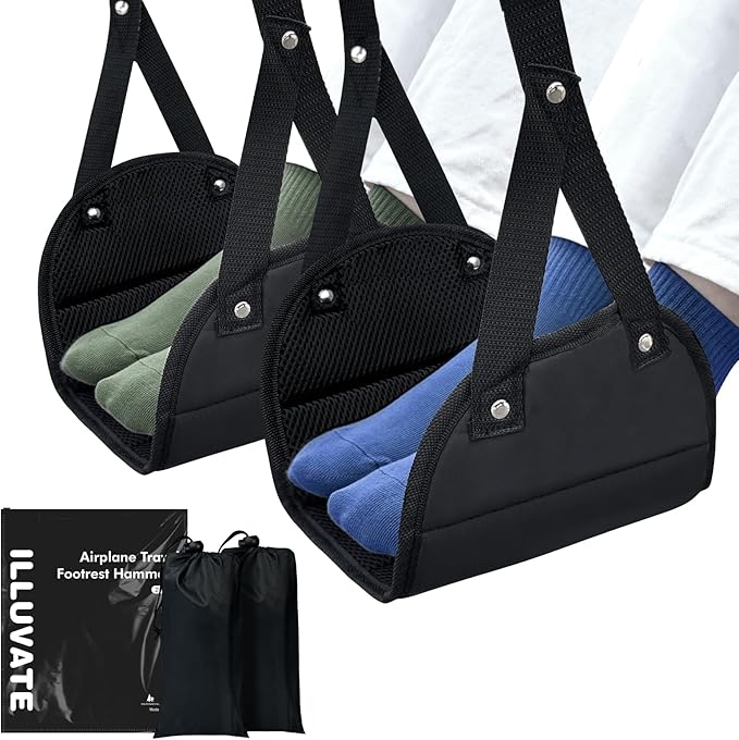 [2024 New Upgrade] 2-Pack Airplane Travel Footrest Hammock, Portable Foot Hammock Long Trip Essentials, Lightweight Airplane Foot Hanger Foot Rest for Air Travel