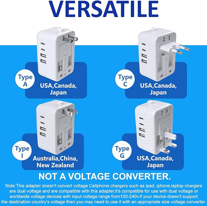 Universal Travel Adapter Worldwide International Plug Adaptor with 2 USB C 2 USB A Ports,World Power Outlet for European USA UK Australia Ireland