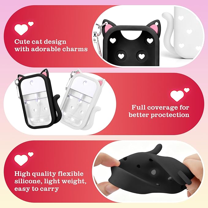 Juome 2 Pack Valentine Silicone Case for Touchland Hand Sanitizer Spray with Keychain & Charms, Cat Protective Holder Compatible with Touch Land Mist Case 1FL. OZ, Valentines Day Gifts for Her/Him