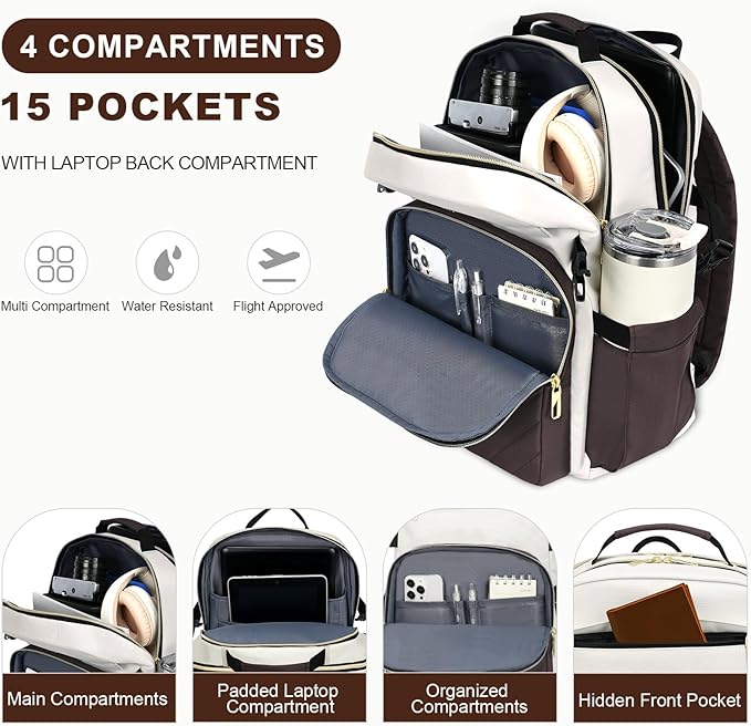VANKEAN Laptop Backpack for Women with Giant Tumbler Holder Pocket,17.3 inch School College Book Bag Nurse Teacher Backpack,Waterproof Work Travel Backpack Purse Laptop Computer Bag, Beige-Coffee