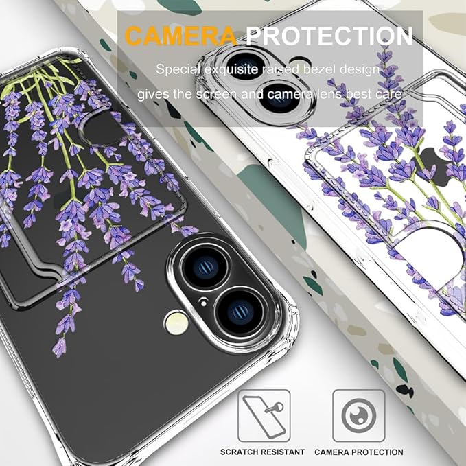 Compatible with iPhone 16 Plus Case Card Holder for Women Cute Design,Wallet Phone Cases Transparent Cool Kawaii Protective (Clear Purple Lavender)