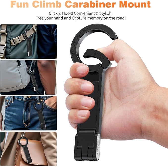 Jiunai compatible with MagSafe Tripod Stand Adjustable Magnetic Alloy Phone Carabiner Phone Holder Tripod for iPhone 17 Pro Max 16 15 14 Phone Stand for Vlog Gym Airplane Travel Essentials Accessories