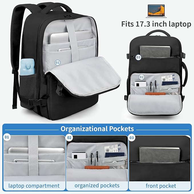 ZOMFELT Travel Backpack for Men, Carry on Backpack, TSA 17.3 inch Laptop Backpack Flight Approved, Personal Item Travel Bag Nurse Bag Casual Daypack for Weekender Business Trip, Black