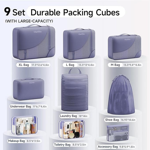 11 Set / 9 Set Packing Cubes for Travel,Gifts for Women Mom Kids,TSA Approved Bags for Makeup, Cosmetic, Toiletry, Organizers for Suitcase Carry On,Cruise Essentials Airplane Accessories,Purple Gray