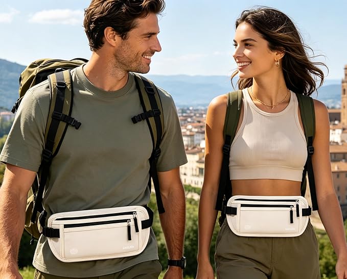 Money Belt - Slim Passport Holder RFID Blocking Travel Wallet Undercover Fanny Packs for Men Women - Beige