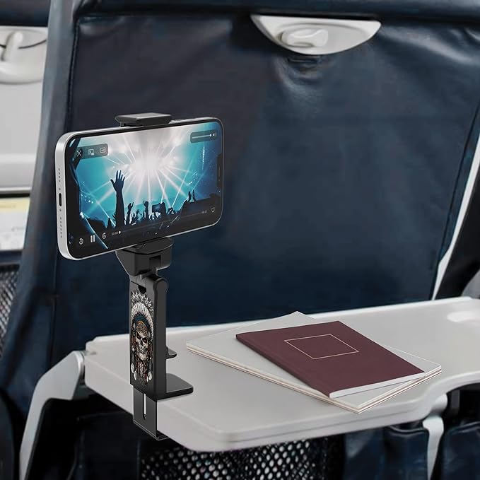 Beyond Cell Travel Accessories, Universal Seat Back Tray Table Hands Free Phone Clip Holder, Adjustable Pocket Size Airplane Travel Essentials Compatible with iPhone and Android Native Skull Head