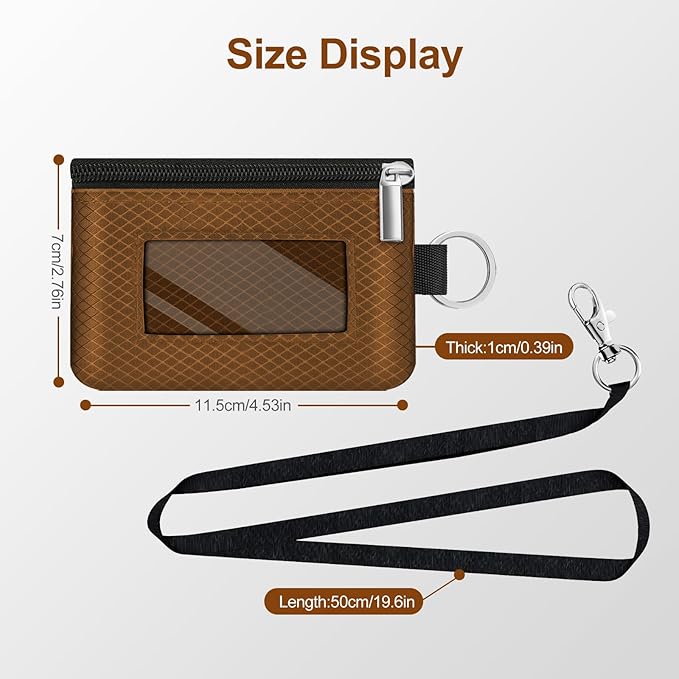 Minimalist RFID Blocking Small Wallet with ID Window,WaterResistant Zip Id Case Wallet with Lanyard Keychain for Cards,Cash,Travel,Women,Men (Brown)