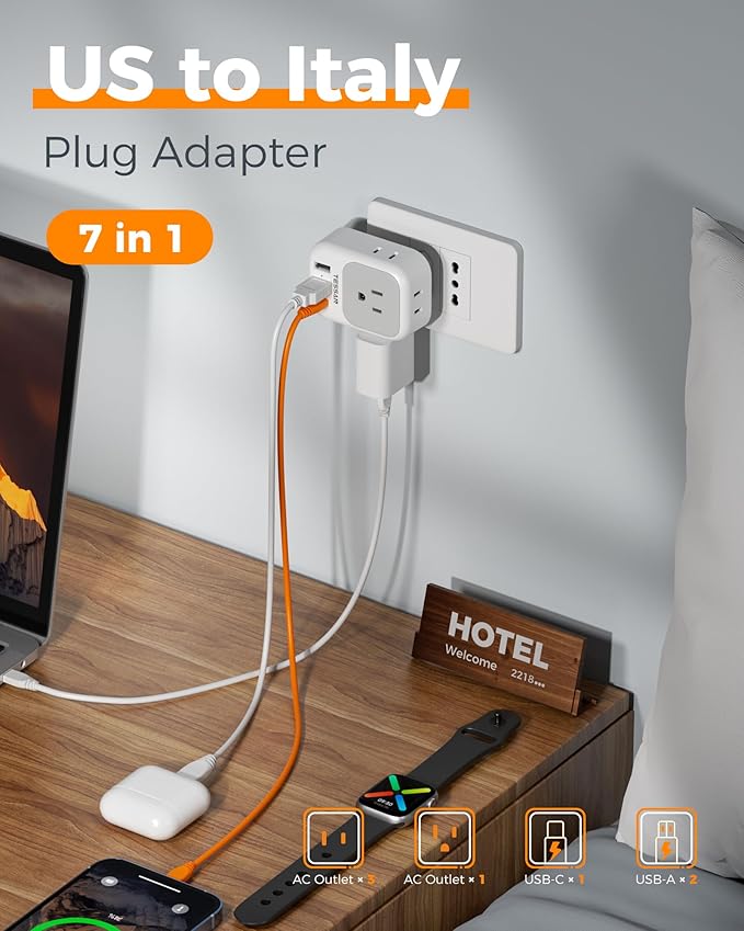 TESSAN Italy Travel Plug Adapter, Type L Adapter for Travel with 4 Outlets 3 USB Ports (1 USB-C), Power Adaptor for US to Italy Chile Rome Uruguay Milan Libya