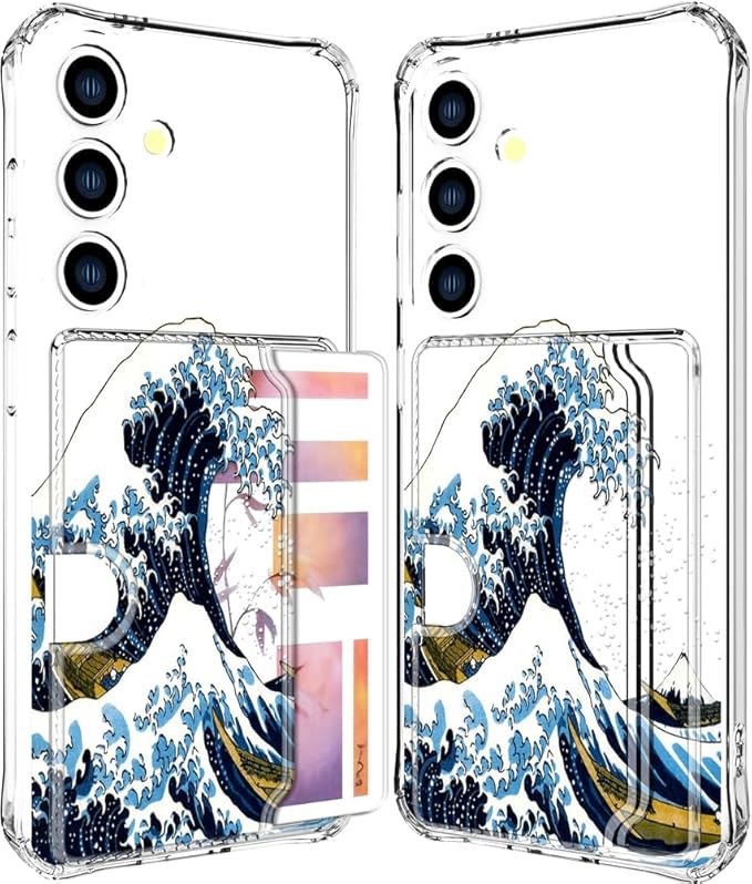 Compatible with Samsung Galaxy S24 / S25 Case Card Holder for Women Cute Design,Wallet Phone Cases Transparent Cool Kawaii Protective (Clear Blue Wave)