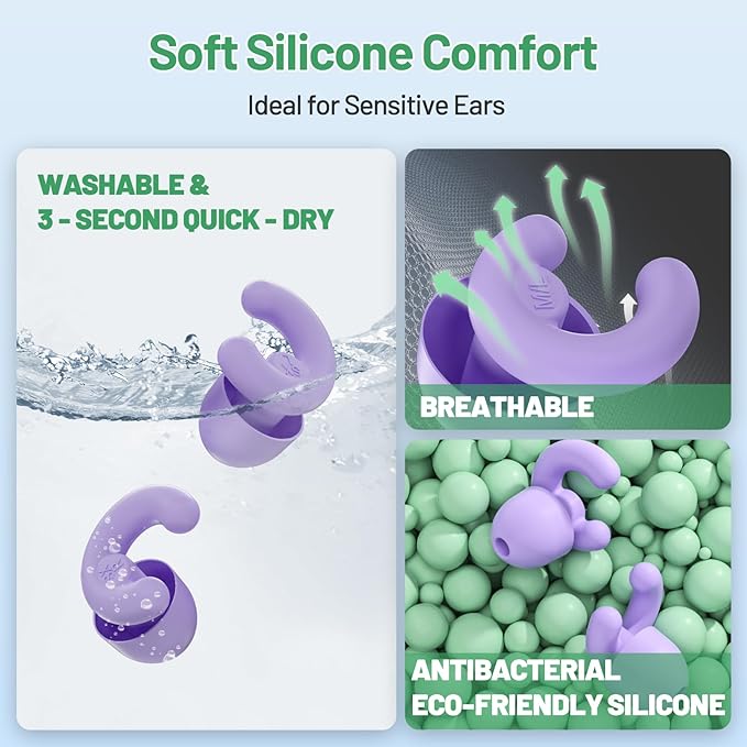 Ultra-Soft Noise Cancelling Ear Plugs, Reusable Silicone for Sleep Concerts Travel Office,33dB (NRR),Ergonomic Integrated Design Fit for Small Ear Canals Noise Sensitivity (Purple, 1 Pair)