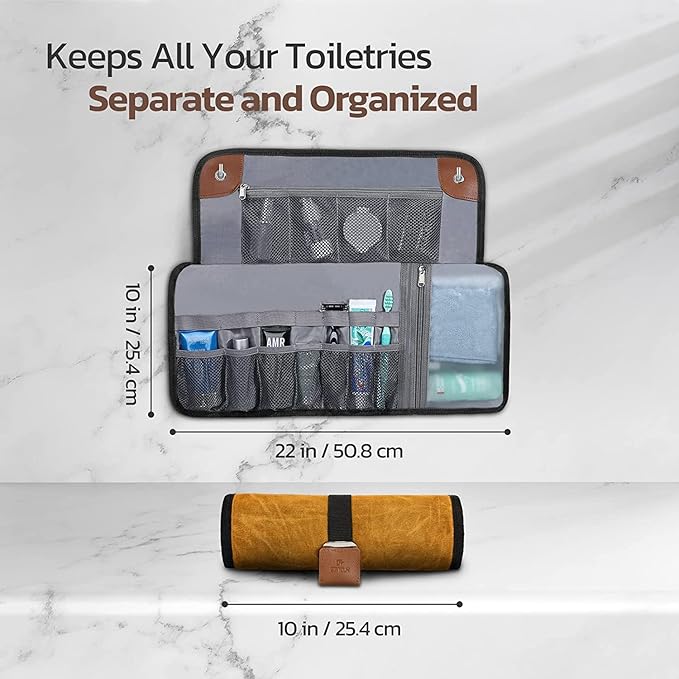 Toiletry Bag for Men, Travel Essentials Travel Toiletry Bag, Water-Resistant Compact Bathroom Roll Organizer for Hygiene, Shaving kit, Gifts for men (2.Khaki Yellow (Waxed Canvas))