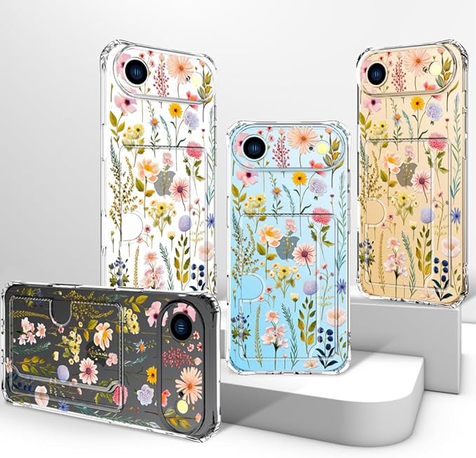 Compatible with iPhone 17 Air Case Card Holder for Women Cute Design,Wallet Phone Cases Transparent Cool Kawaii Protective (Clear Watercolor Floral)
