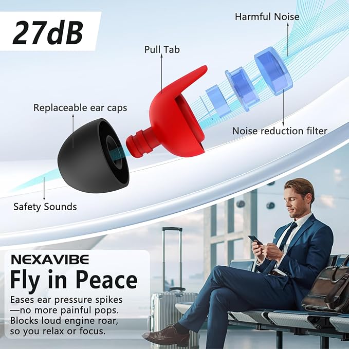Noise Canceling Earplugs for Airplane: 27dB Reduction, Ear Pressure Relief. 2 Pairs, 3 Sizes (Kids & Adults). Reusable Silicone, Aluminum Case. Ideal for Concerts, Motorcycle, Sleeping