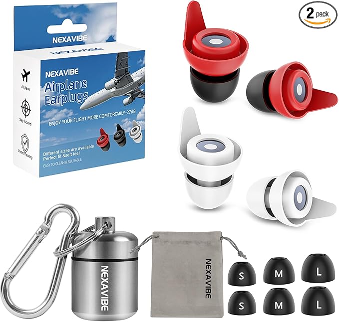 Noise Canceling Earplugs for Airplane: 27dB Reduction, Ear Pressure Relief. 2 Pairs, 3 Sizes (Kids & Adults). Reusable Silicone, Aluminum Case. Ideal for Concerts, Motorcycle, Sleeping