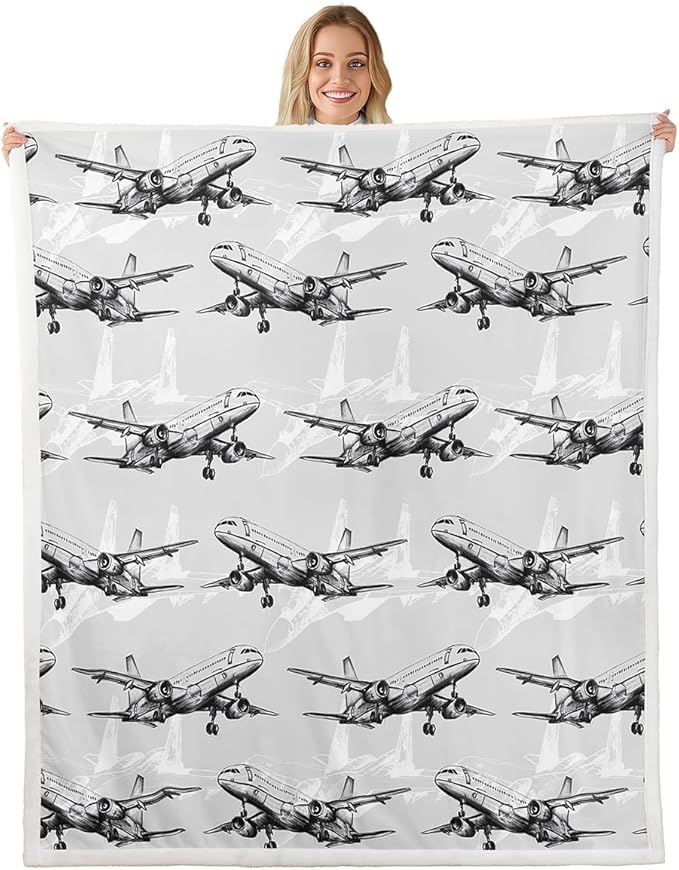 Airplane Kids Throw Blanket,American Aircraft Toddler Bed Blanket for Girls Boys Adults,Hand-Painted Sketch Airplane Fleece Blanket,Black White Fashion Fuzzy Blanket,Baby Size (30 x 39 Inches)