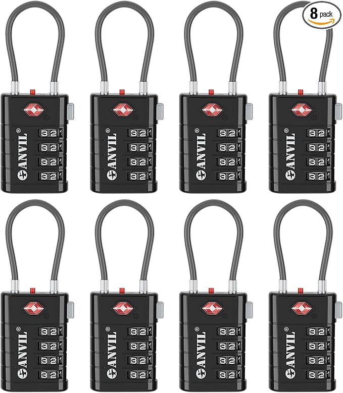 ANVIL TSA Approved Luggage Locks with Search Alert Indicator, 4-Digit Combination Suitcase Lock, Advanced TSA008 Core Heavy Duty Anti-Theft Travel Lock for Double Zippers, Backpacks (8, Black)