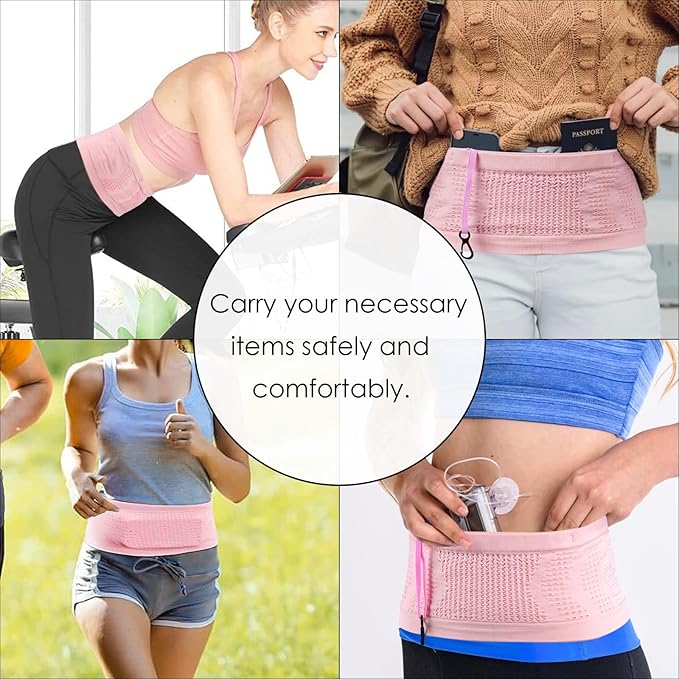 Adorila Slim Running Belt, No-Bounce Hidden Waist Pack with 360° Opening for Soft Flask, Cellphones, Keys or Gels, Pink, Large