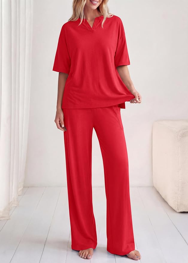 KIRUNDO Womens 2 Piece Matching Lounge Set Airport Travel Vacation Summer Outfits Oversized Short Sleeve Tops Wide Leg Pants