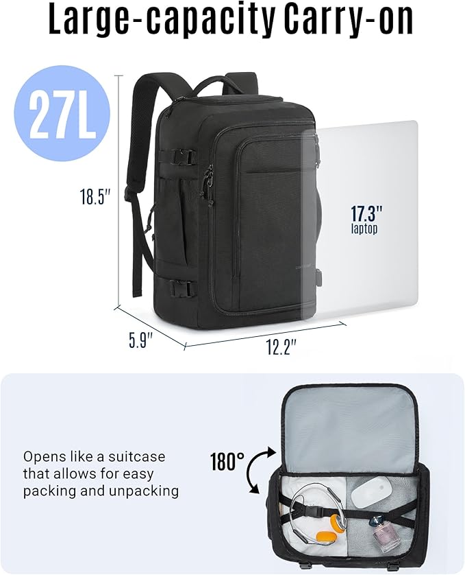 LIGHT FLIGHT Travel Backpack, TSA Friendly Flight Approved Carry on Backpack Water-resistant Lightweight Business Large Weekender Bag Casual Daypack 17.3" Laptop Backpack for Men Women,Grey