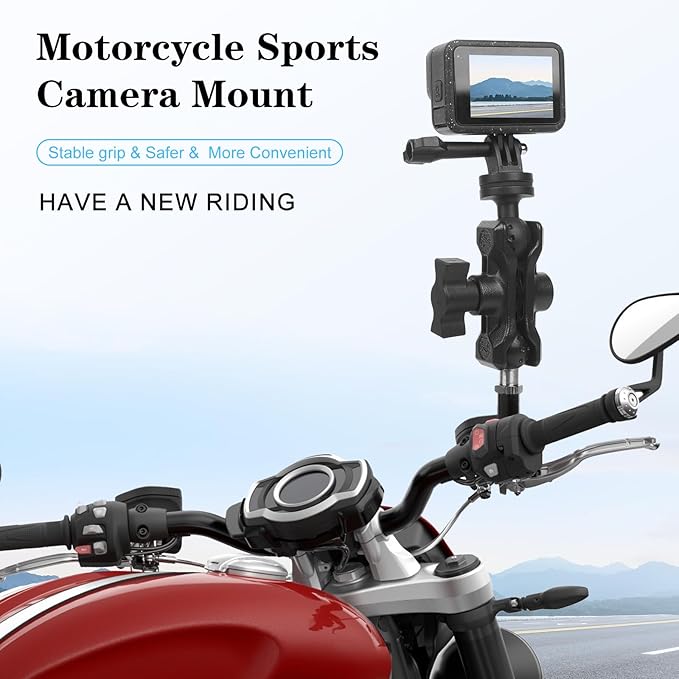 Camera Mount with 360°Dual Ball Head, Motorcycle Handlebar Mounting Bundle Kit for lnsta360 X5/X4/X3/X2/Gopr01/4-20 & Tripod Adapter, Action Camera Mount Adapter for M6 Hole Base,75017