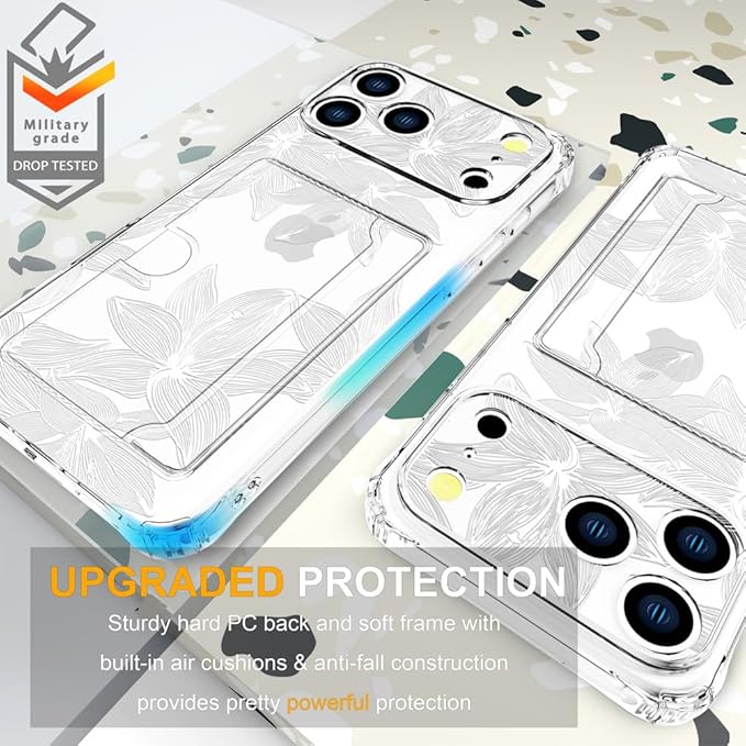 Compatible with iPhone 17 Pro Case Card Holder for Women Cute Design,Wallet Phone Cases Transparent Cool Kawaii Protective (Clear Flower White)
