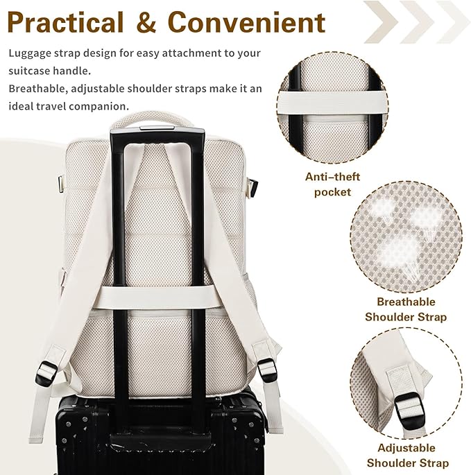 Carry On Backpack for Women & Men – Airline Approved Underseat Size, 15.6" Laptop Compartment, TSA-Friendly 180° Opening, Anti-Theft Business Travel Backpack with Trolley Sleeve (Ivory, Large)