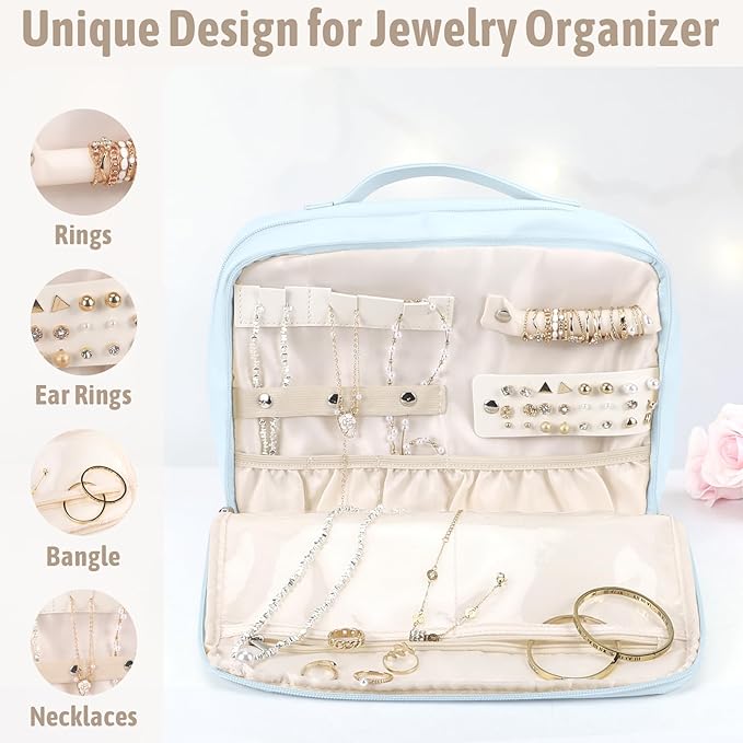 YOPCDJ Hanging Toiletry Bag with Jewelry Organizer,Travel Bag for Toiletries,PU Leather Cosmetic Bags for Women Make Up Organizer with 4 Compartments Waterproof Portable Travel Essentials