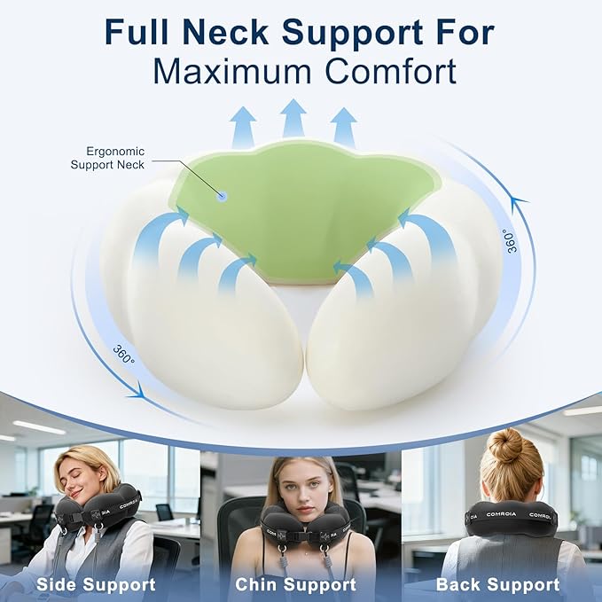 Travel Neck Pillow for Airplane Sleeping – 360° Head Support Prevents Bobbing, 100% Memory Foam Ergonomic Neck Cushion with No-Case-Needed Carry Strap for Long Flights & Car – Washable Cover (Black)