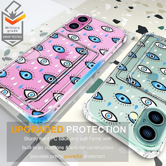 Compatible with iPhone 17 Case Card Holder for Women Cute Design,Wallet Phone Cases Transparent Cool Kawaii Protective (Clear Blue Evil Eyes)