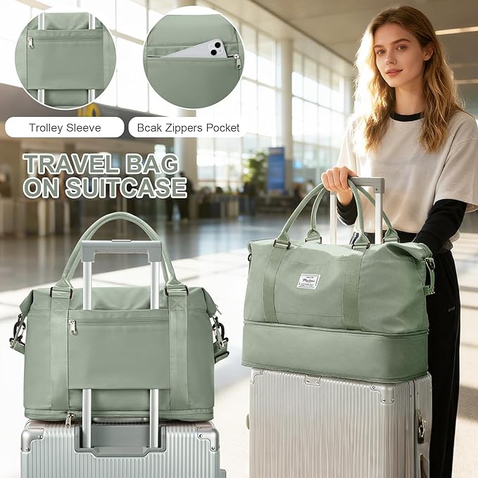 Travel Duffel Bag, 18x14x8 Inches Travel Bag Spirit with Shoes Compartment, Weekender Overnight Bag for Women with Trolley Sleeve, Carry On Bag for Airplanes Sport Tote Gym Bag(BeigeGreen).