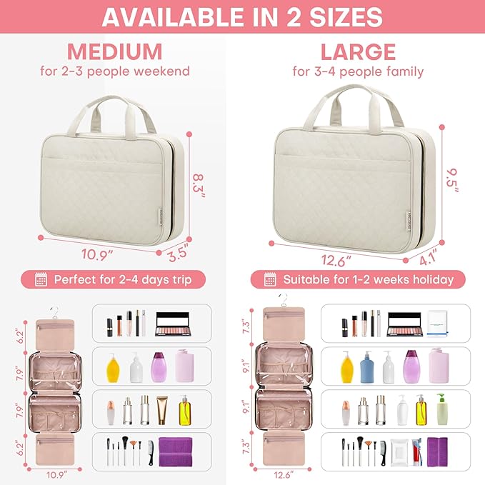HXLGMD Travel Size Toiletry Bag for Women, Portable Cosmetic Bag with Hanging Hook, Travel Essentials Water-resistant Makeup Organizer for Accessories, Shampoo, Full-size Container, Toiletries