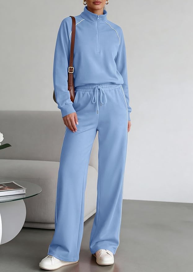 PRETTYGARDEN Women's 2 Piece Outfits Casual Lapel Half Zip Sweatshirts and Wide Leg Pants Tracksuit Sets
