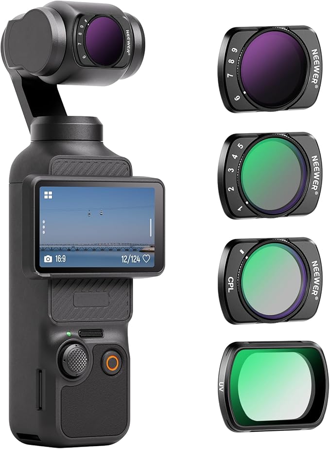 NEEWER Magnetic Variable ND&UV&CPL Filter Set Compatible with DJI OSMO Pocket 4 & 3 Creator Combo Accessories, Action Camera 4 Pack UV CPL ND2-32(1-5 Stop) ND64-512(6-9 Stop) Neutral Density Filters