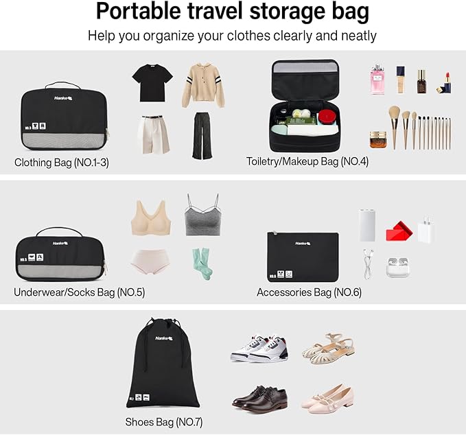 Hanke 7 Set Compression Packing Cubes for Travel, Expandable Large Packing Cubes for Suitcases and Backpack, Luggage Packing Organizer Bags with Double Zipper as Travel Essentials