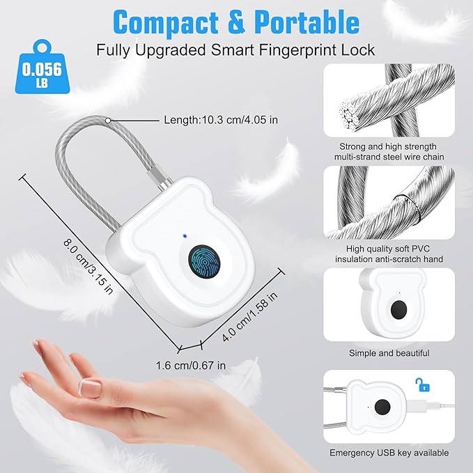 Smart Fingerprint Padlock for Luggage - 20 User Capacity, USB Key & Emergency Code, Keyless Biometric Lock for Gym Locker, Suitcase, Backpack, Toolbox & Handbag (White)