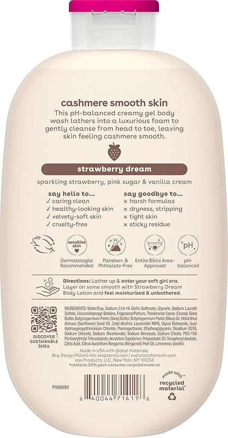 eos Cashmere Body Wash – Strawberry Dreams, Moisturizing Body Wash, Creamy Gel Formula, with Shea Butter, Glycerin, Vitamin E, pH Balanced, Sensitive Skin, Vegan, 16 fl oz