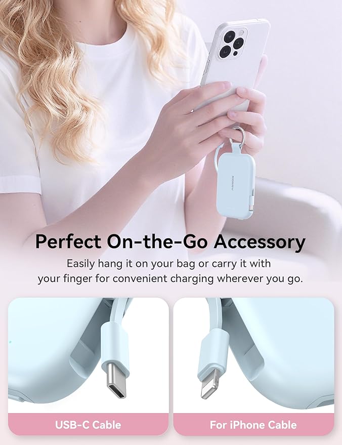 RORRY Portable Charger, 5000mAh Portable Charger Power Bank with Built-in Cables, Travel Keychain Charger Battery Pack for iPhone 17/16/15/14/13/12, for AirPods 2/3/4/Pro, Blue
