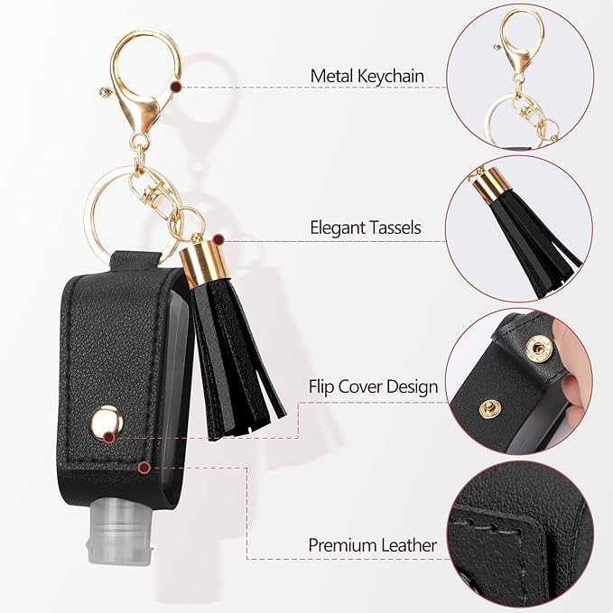 Unaone 1oz/30ml Hand Sanitizer Holder Travel Size, Empty Bottles Leather Sanitizer Holder with Keychain Portable Small Squeeze Bottle Refillable Container for Toiletry Lotion Liquid Soap Shampoo Black
