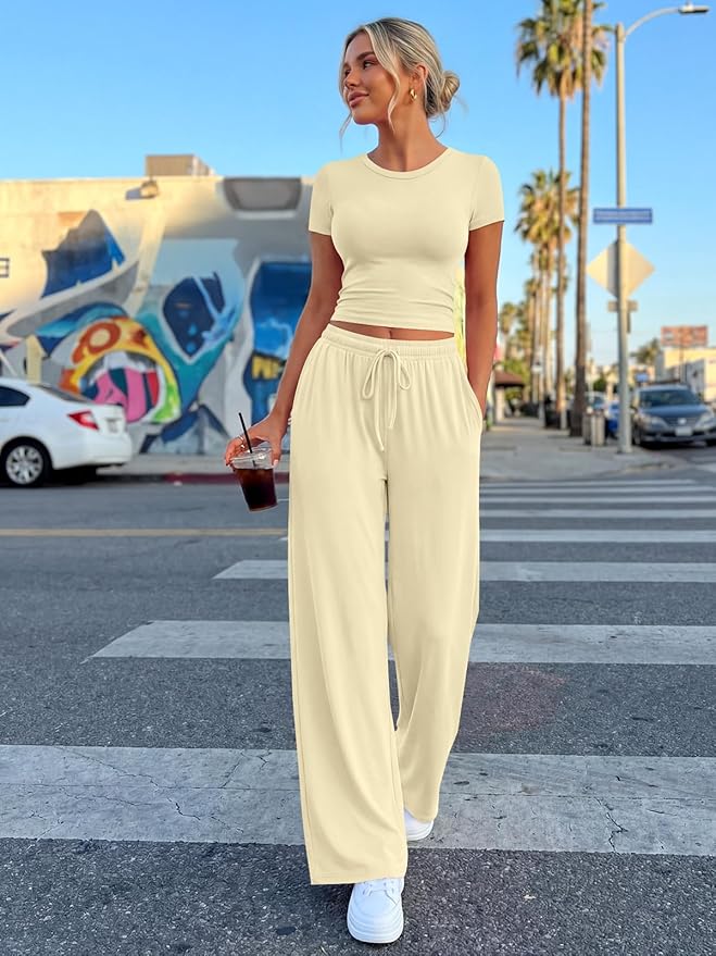 Trendy Queen 2 Piece Matching Summer Lounge Set Womens Side Ruching Top Wide Leg Pants Sets with Pockets