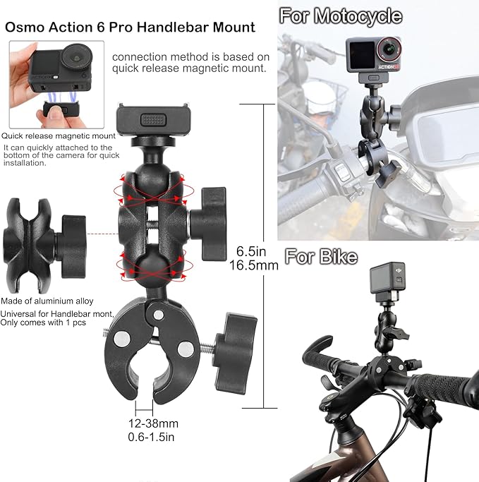 PellKing Handlebar Clamp Car Mangnetic Mount for DJI Osmo Action 6/Nano,Quick Release Mangetic Mount 66mm Magnetic with 360 Degree Rotation,Ball Head Handlebar Clamp