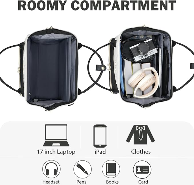 EMPSIGN 17 Inch Laptop Backpack for Women, Work Business Travel Computer College Bags, Large Capacity Water-repellent Quilted Casual Daypack, Beige-Black
