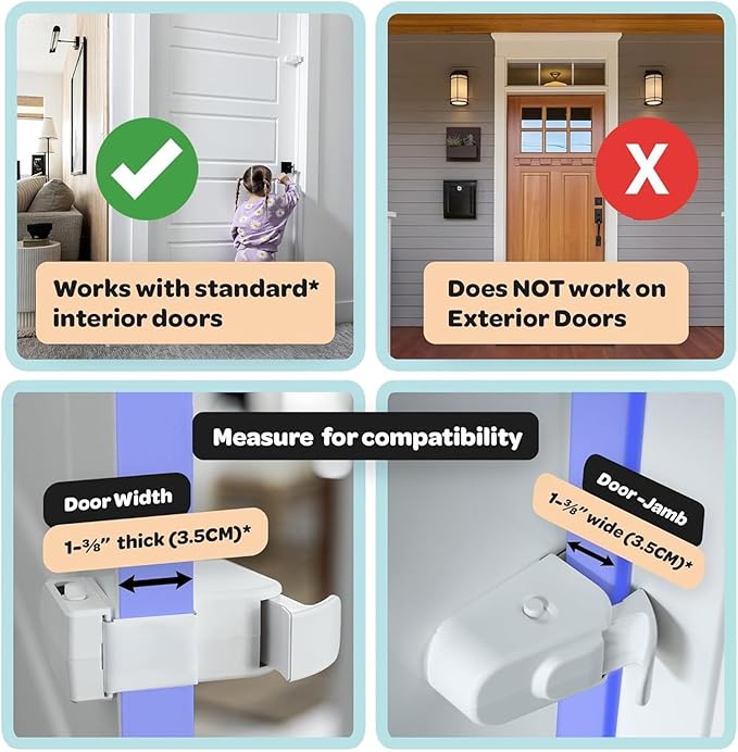 Child Proof Door Lock (2 Pack) – No Tools or Adhesives Required, Installs High Out of Reach of Toddlers & Pets, Dual-Side Release for Adults, Perfect for Home, Apartment, Travel