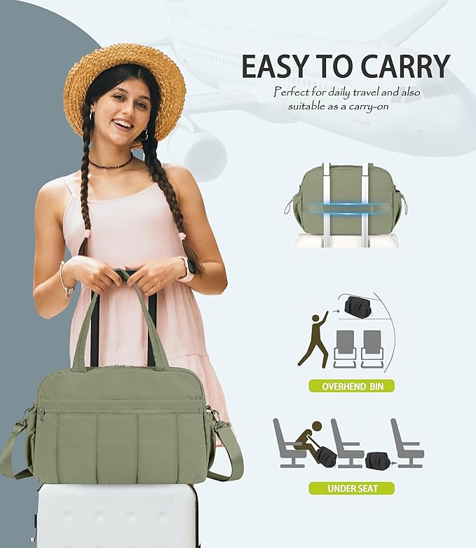 Lightweight Travel Duffle Bag for Women, Quilted Puffy Weekender with Wet Pocket for Gym, Overnight, Personal Item Carry On, Green