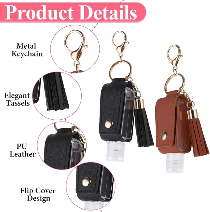 Molain 2 Pcs Hand Sanitizer Keychain 30ml Portable Leather Hand Sanitizer Holder Leakproof Empty Bottles Hand Sanitizer Travel Holder Bottle Refillable for Lotion Liquid Soap Shampoo(Brown,Black)