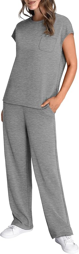 WIHOLL 2 Piece Sets for Women Casual Summer Travel Vacation Outfits Cap Sleeve Lounge Set