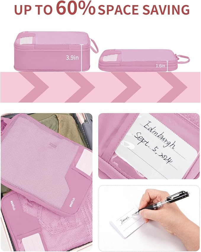 ECOHUB 4 Set Compression Packing Cubes for Travel Essentials, Suitcases Organizer Bags with Tag, Travel Bags Organizer for Luggage, Dusty Rose-Compress
