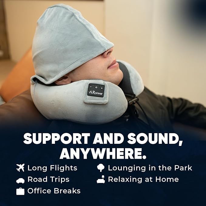 Bluetooth Music Semicircular Neck Pillow with Hood Wireless Bluetooth Speaker Suitable Airplane,Car,Office,and Outdoor Camping for Sleeping, Resting The Best Travel Essentials. (Light Gray)