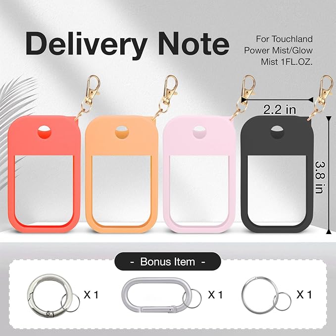 4 PCS Soft Silicone Case for Touchland Power Mist (1FL. OZ./30 mL), Protective and Stylish Case with Keychain Compatible with Touchland Hand Sanitizer Spray (Red/Orange/Pink/Black)
