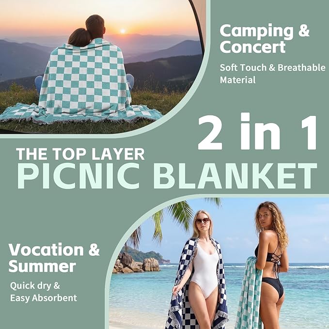 2 in 1 Extra Large Boho Beach Blanket Towel Picnic Camp Mat Family Beach Trip Essentials Summer Vacation Must Have Travel Accessories Lake Day Necessities Stuff Thing Need Gear Gift Item Gadget 2026