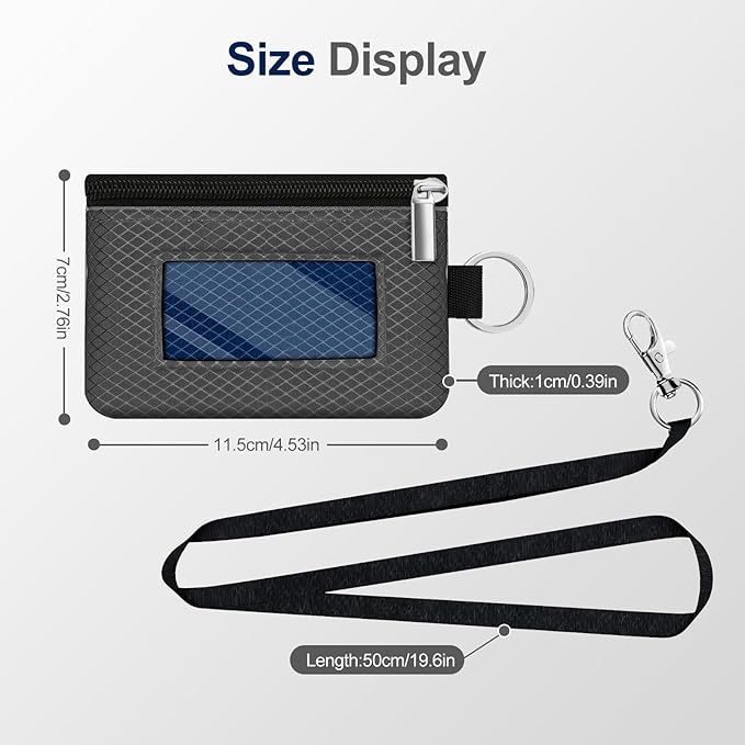 Minimalist RFID Blocking Small Wallet with ID Window,WaterResistant Zip Id Case Wallet with Lanyard Keychain for Cards,Cash,Travel,Women,Men (DarkGrey/Electric Blue)